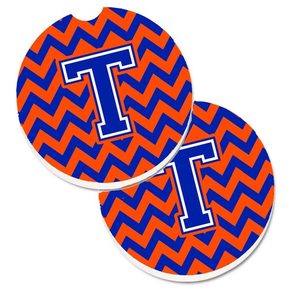 Carolines Treasures Letter T Chevron Orange and Blue Set of 2 Cup Holder Car Coaster CJ1044-TCARC - main